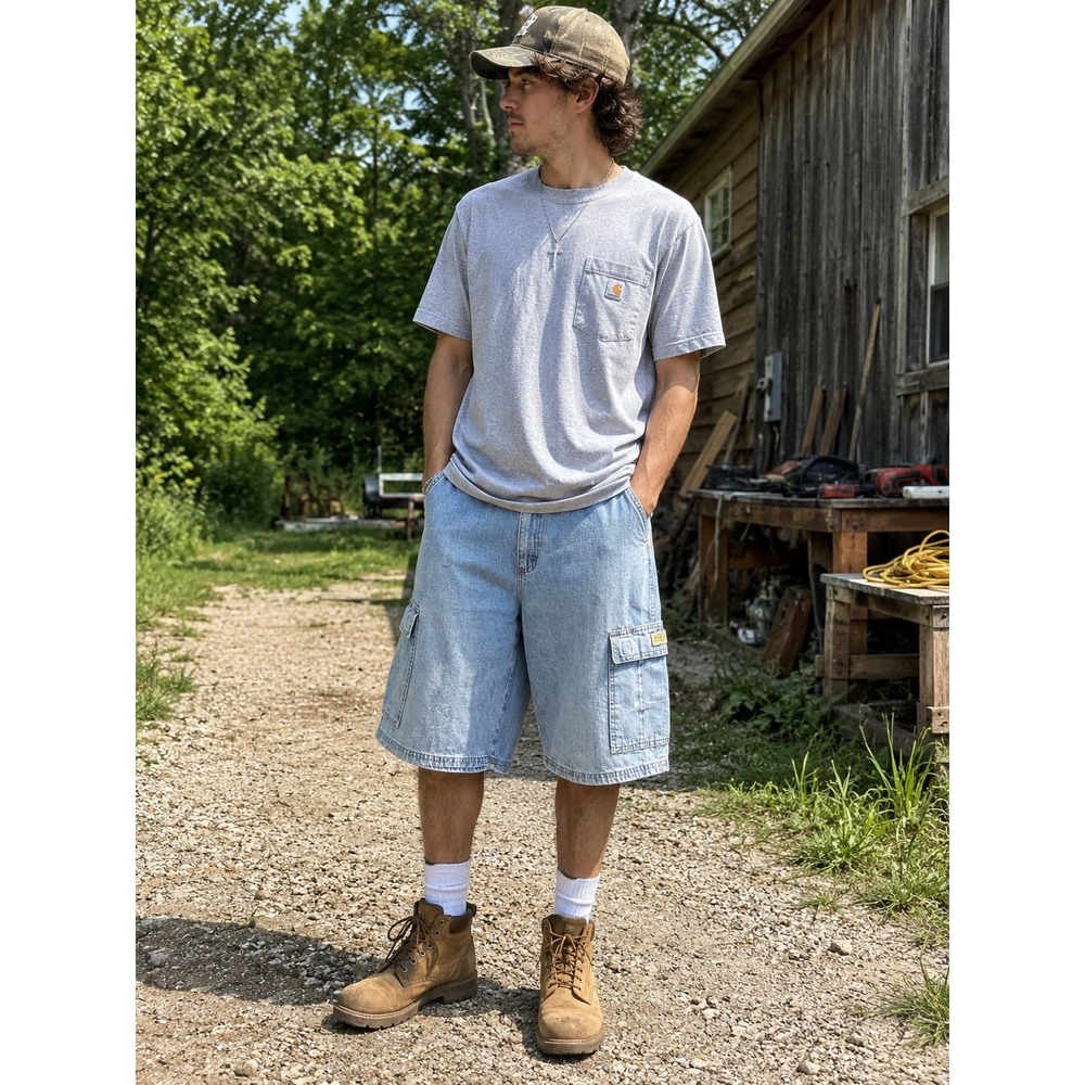 Vintage Y2K Wrangler Cargo Denim Shorts Mens 36 Baggy Light Wash Skater - Picture 6 of 8